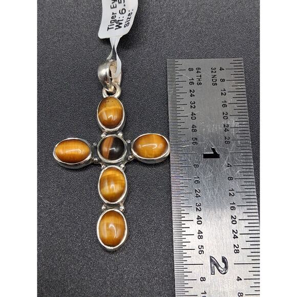 Cross Pendant, Tigers Eye, 925 SS, Men or Women, Closed Back, Boho, Spiritual - Picture 4 of 8